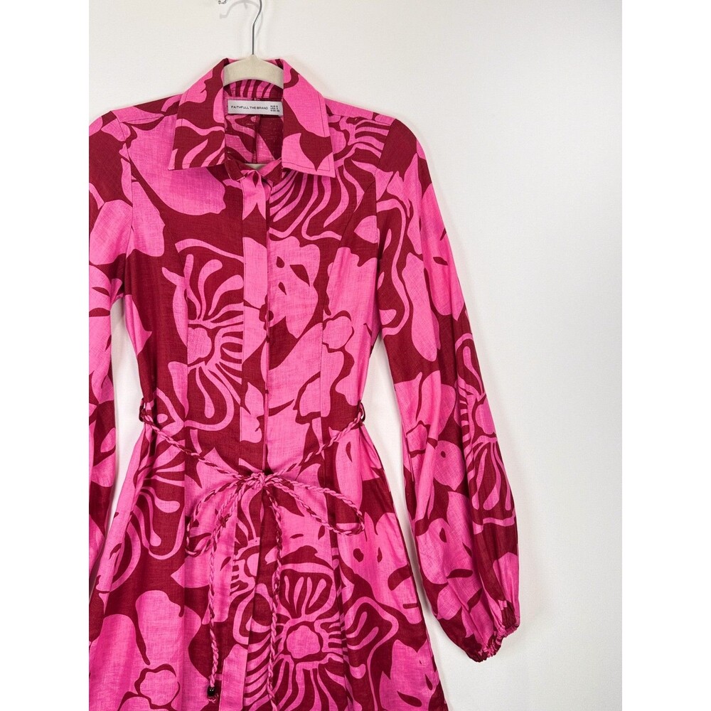 FAITHFULL THE BRAND Mini Dress Pink Rae Linen Floral Long Sleeve Boho Size 2 - Picture 8 of 12